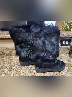 Oscar Sport Christina Black Fur Boots Womens 37EU 6US Pull On Made in Italy